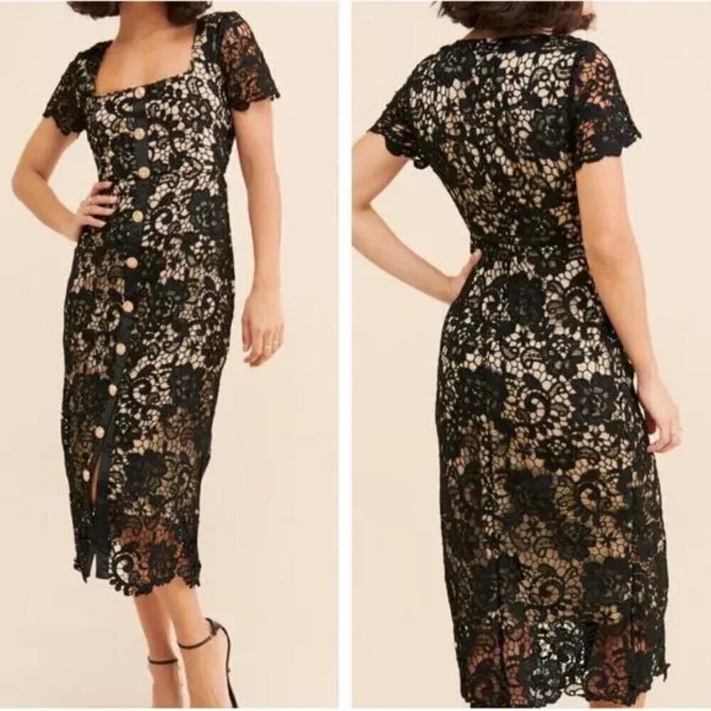 Rachel Parcell Button Down Lace Midi Dress Size 2 Black Cocktail Event Party